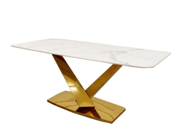 Louise Gold 1.5m White Glass Top Table with 4 Bentley Chairs
