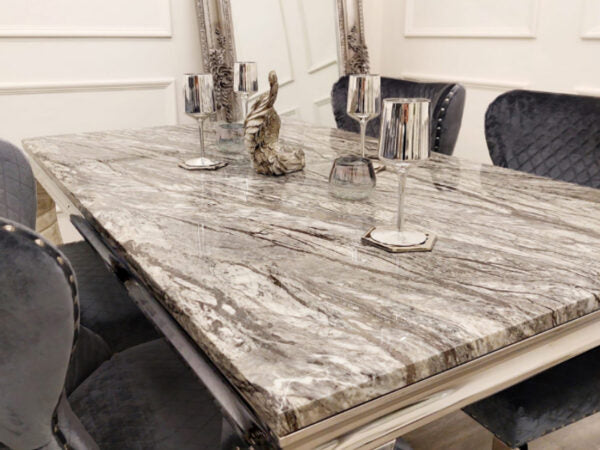 Louise Chrome 1.5m Marble Table with Chelsea Shimmer Chairs