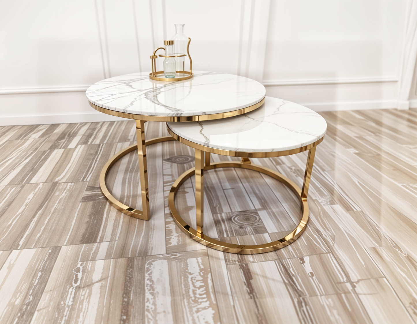 Cato Nest of 2 Short Round Coffee Gold Tables with Polar White Sintered Stone Tops