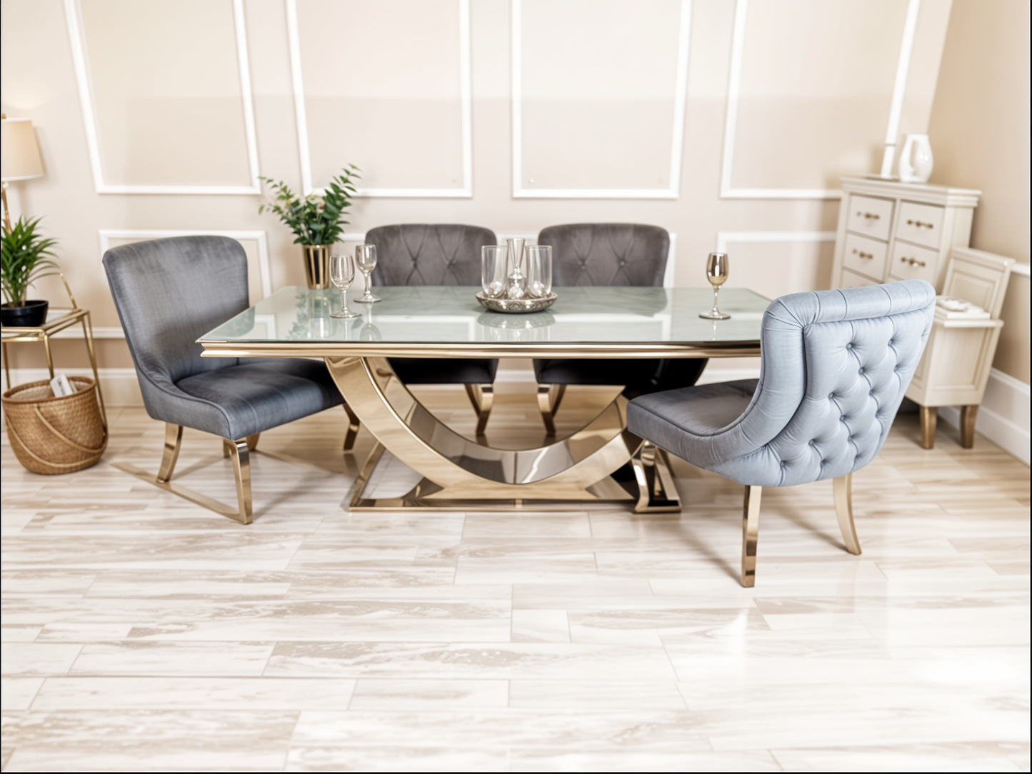 Arial Dining Table in Grey Glass with Sandhurst Chairs