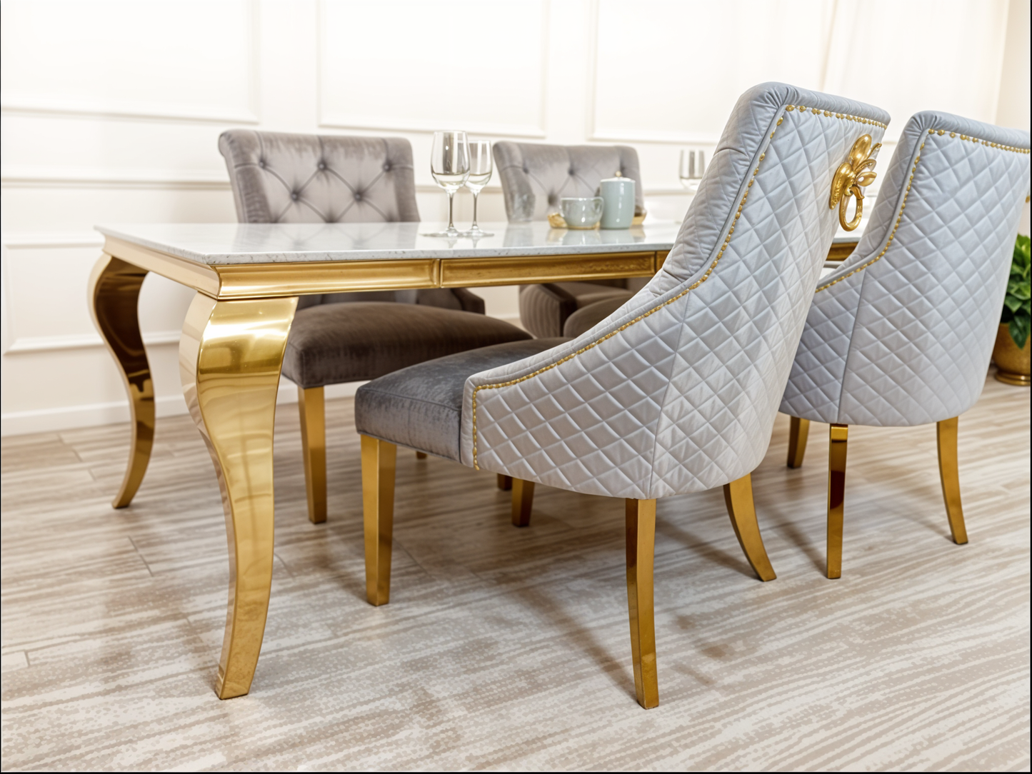 Louise Gold 1.5m White Glass Top Table with Bentley Chairs
