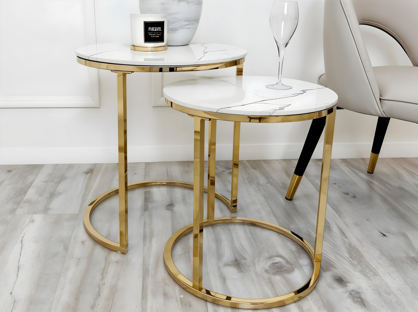 Cato Nest of 2 Tall Gold End Tables with Polar White Sintered Stone Tops