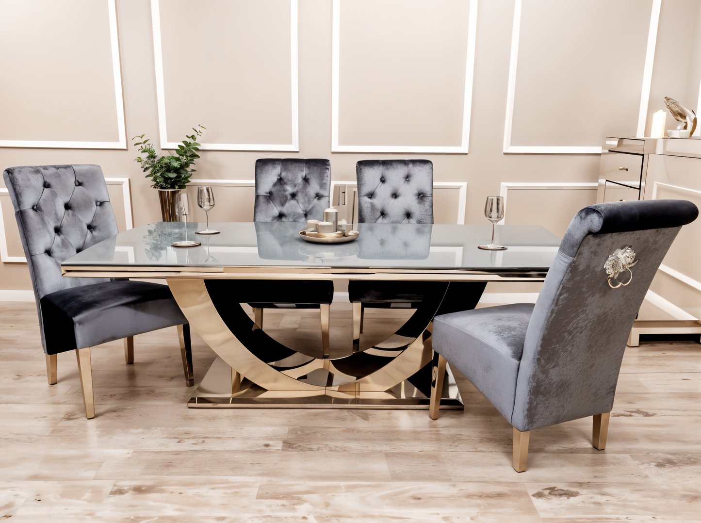 Arial Dining Table in Grey Glass with Emma Chairs