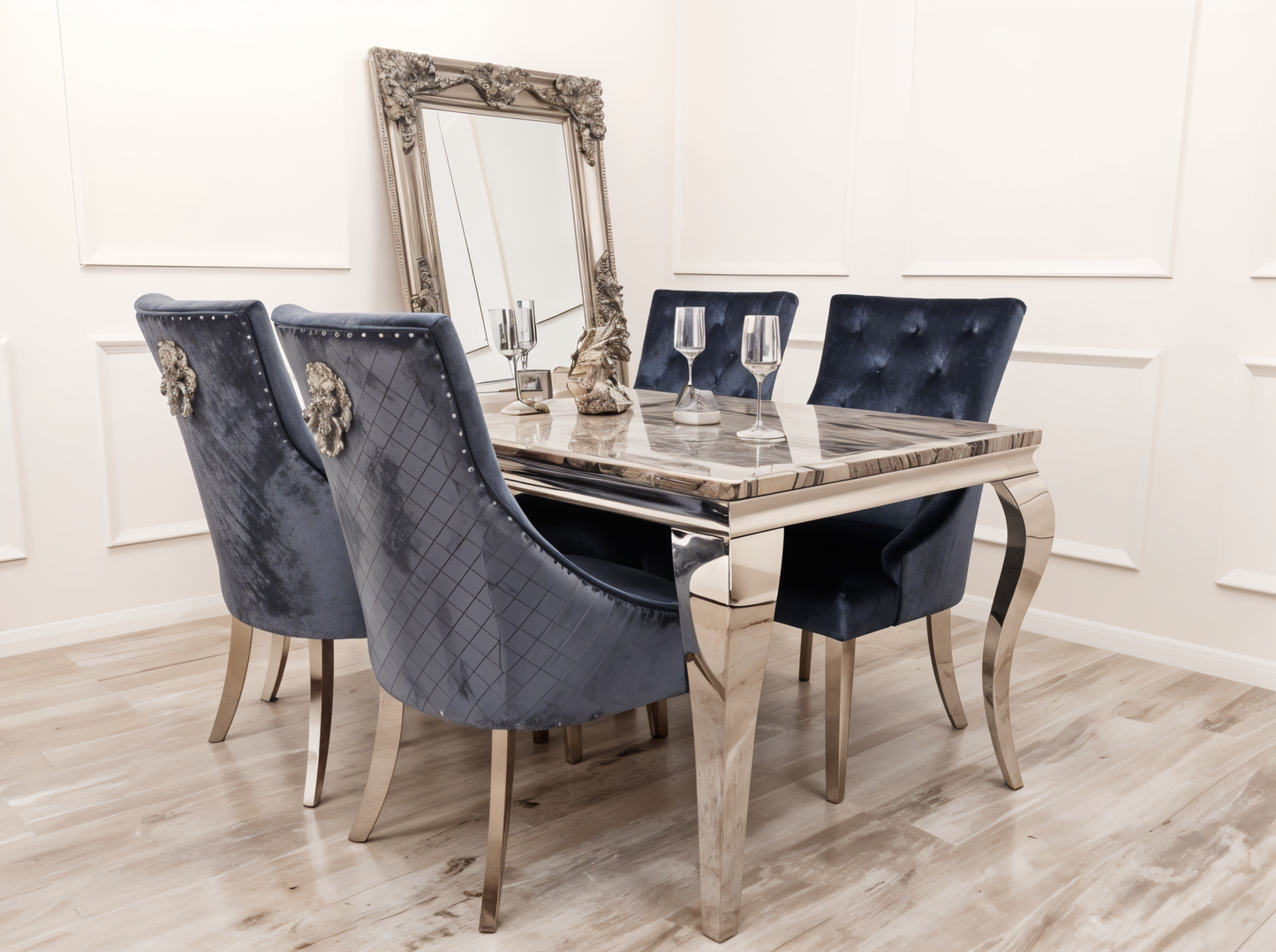 Louise Chrome 1.5 Marble Table with Bentley Shimmer Chairs